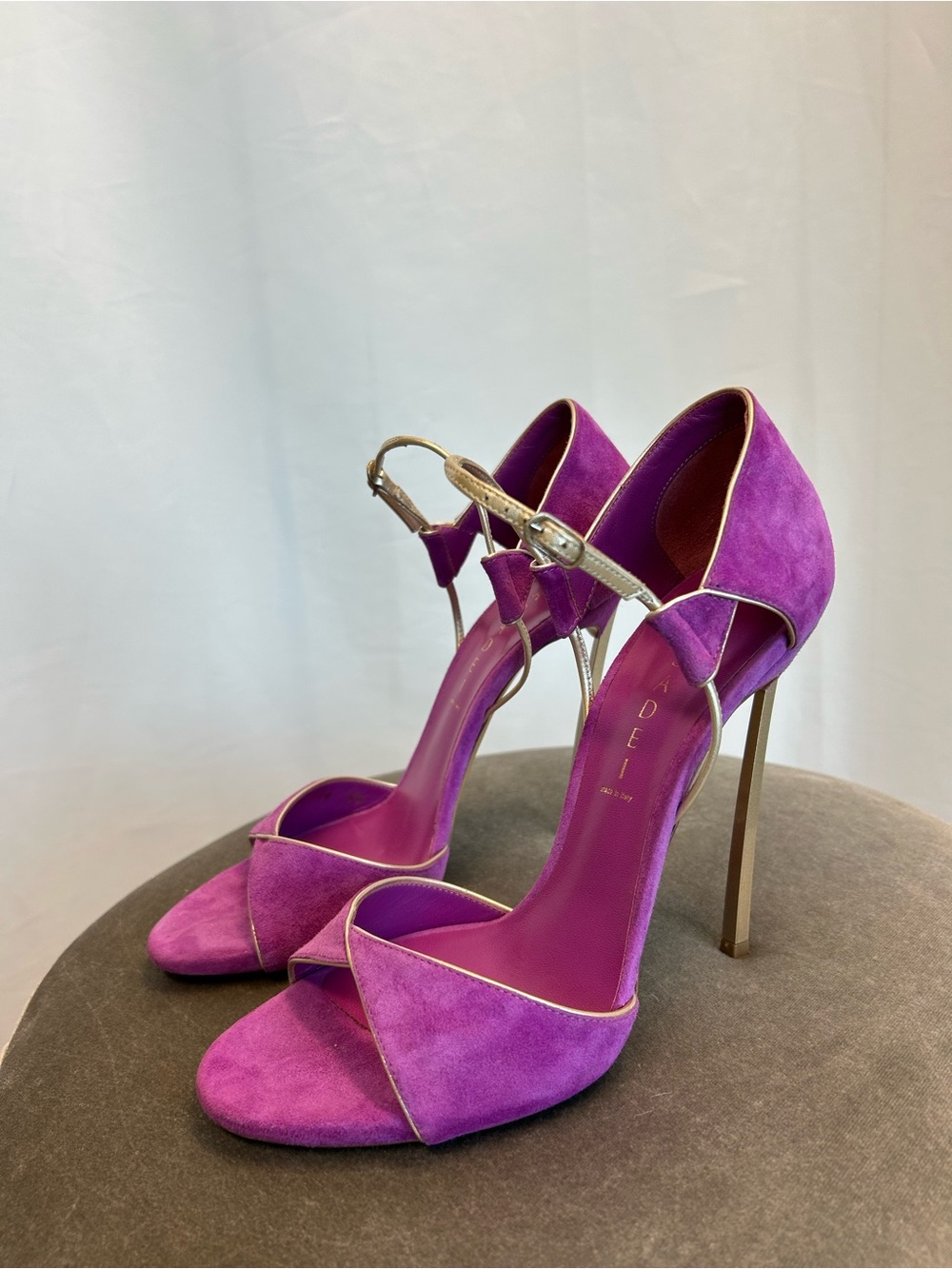 Casadei purple suede Blade high-heeled open toe sandals metallic gold strap 9.5 - Picture 9 of 9